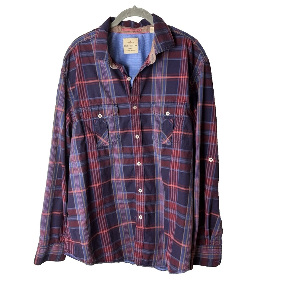 Tommy Bahama Mens Shirt Size XL 3/4 Roll-Tab Sleeves Plaid Cotton Purple Blue